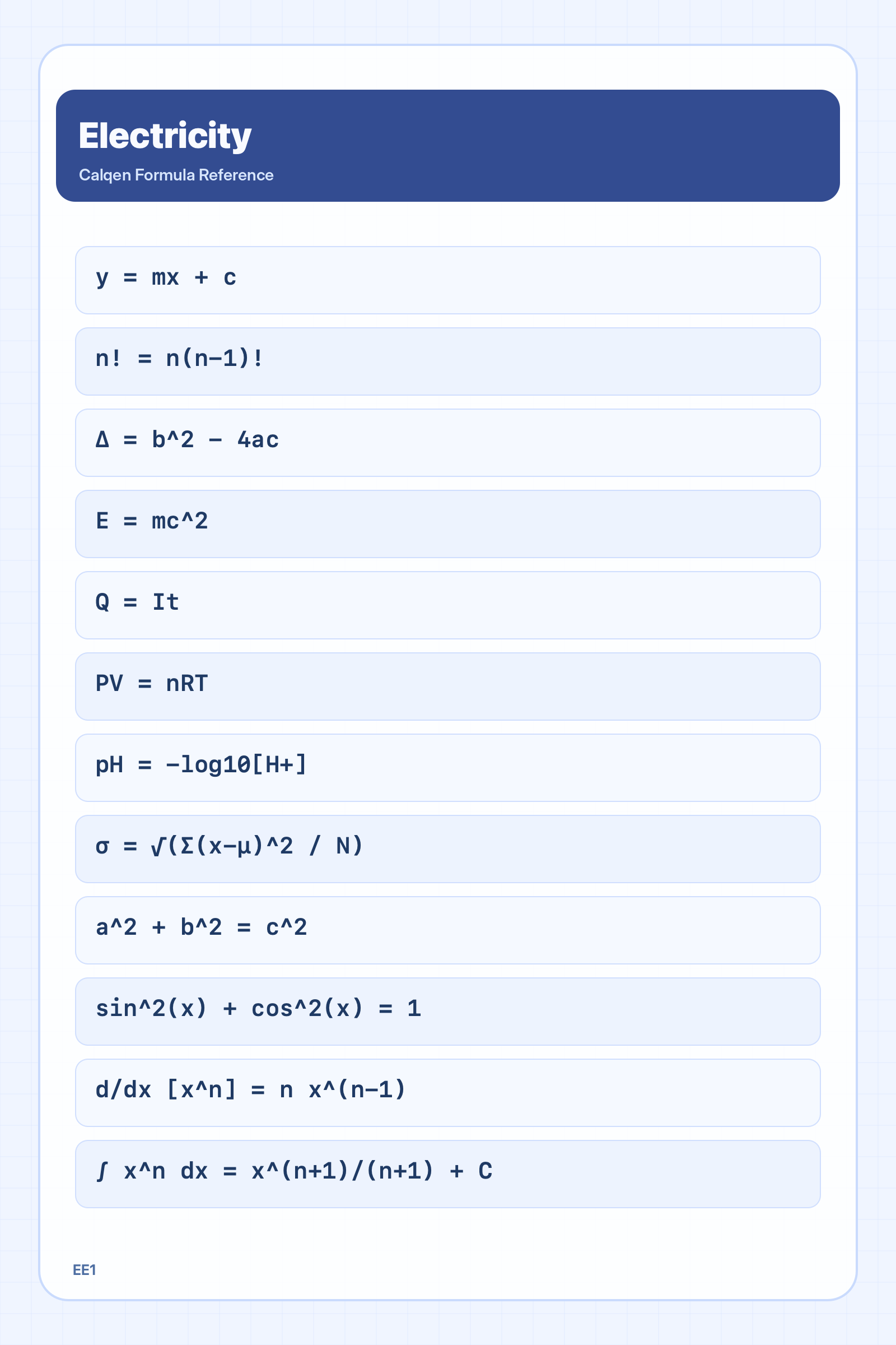 Electricity formula reference sheet