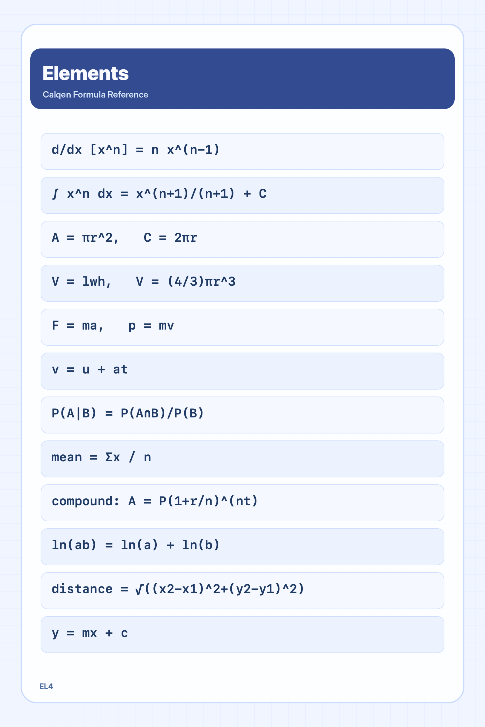 The elements formula reference sheet