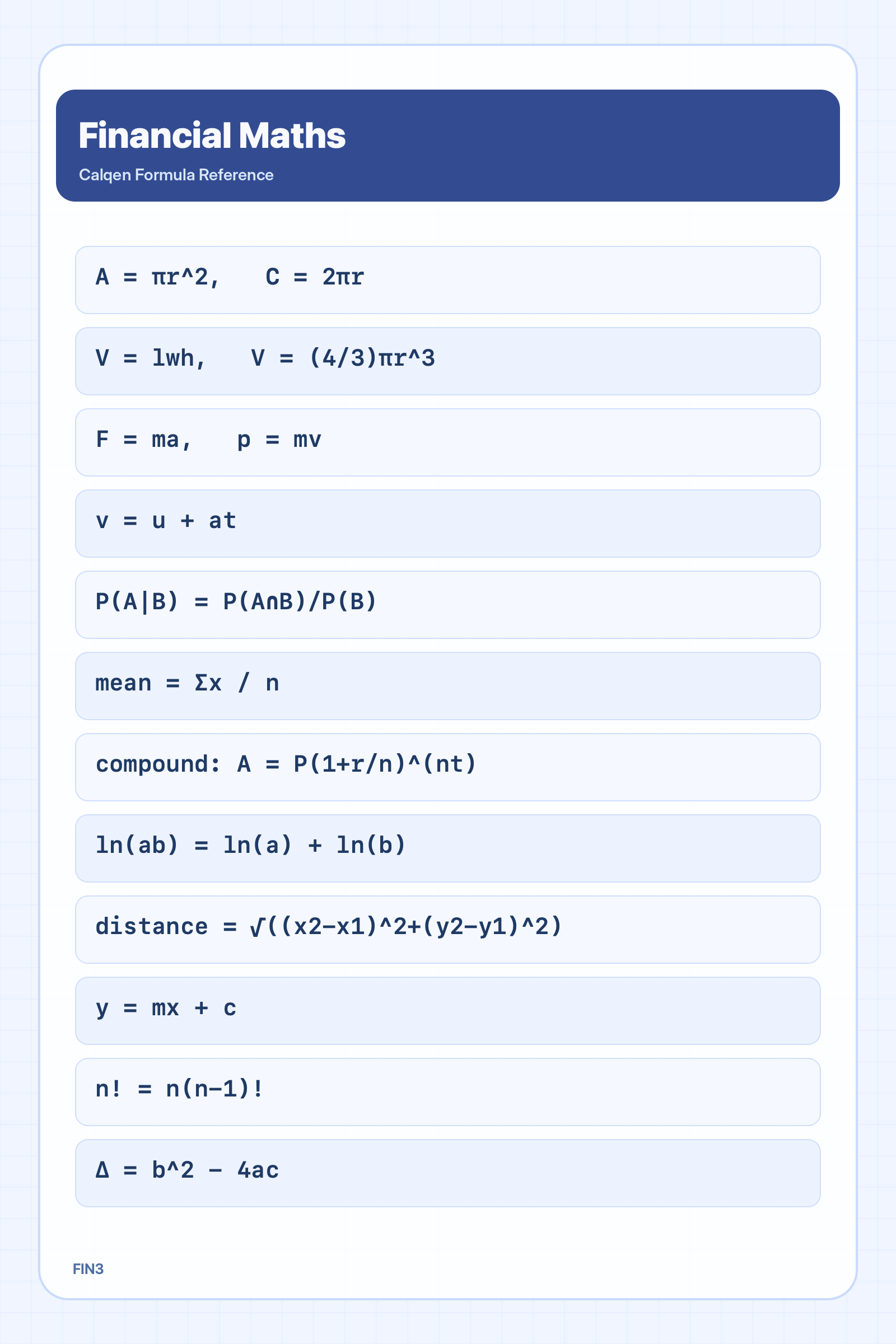 Financial maths formula reference sheet