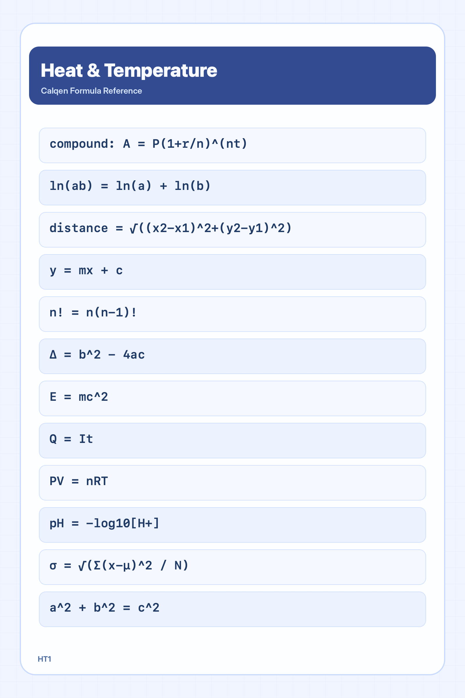 Heat and temperature formula reference sheet