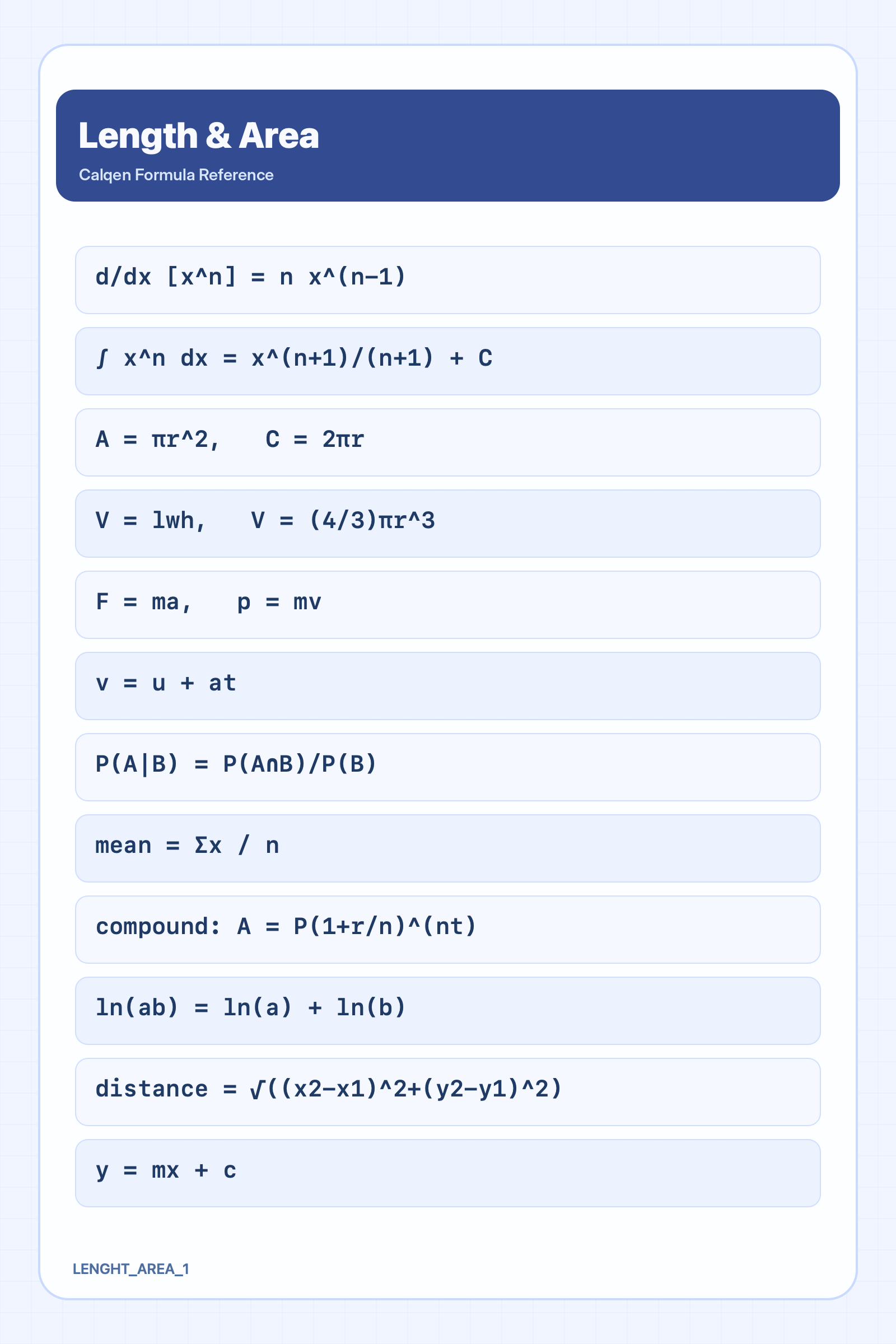 Length and Area formula reference sheet