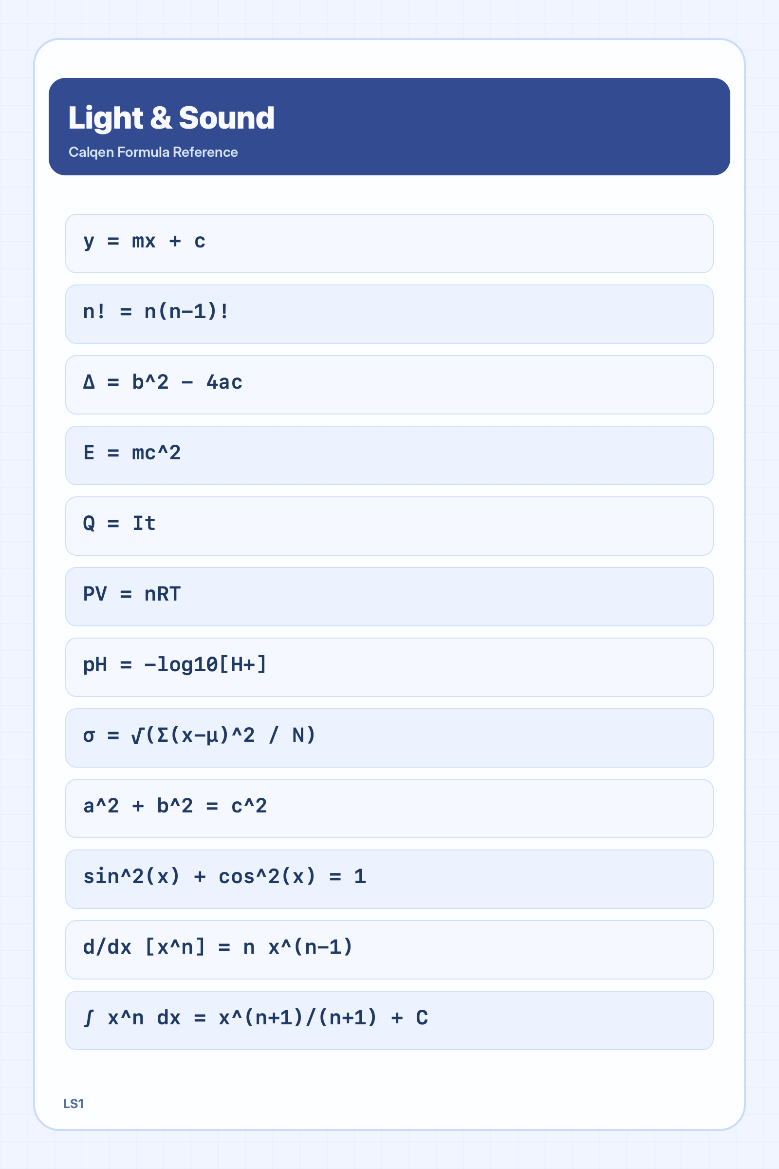 Light and sound formula reference sheet