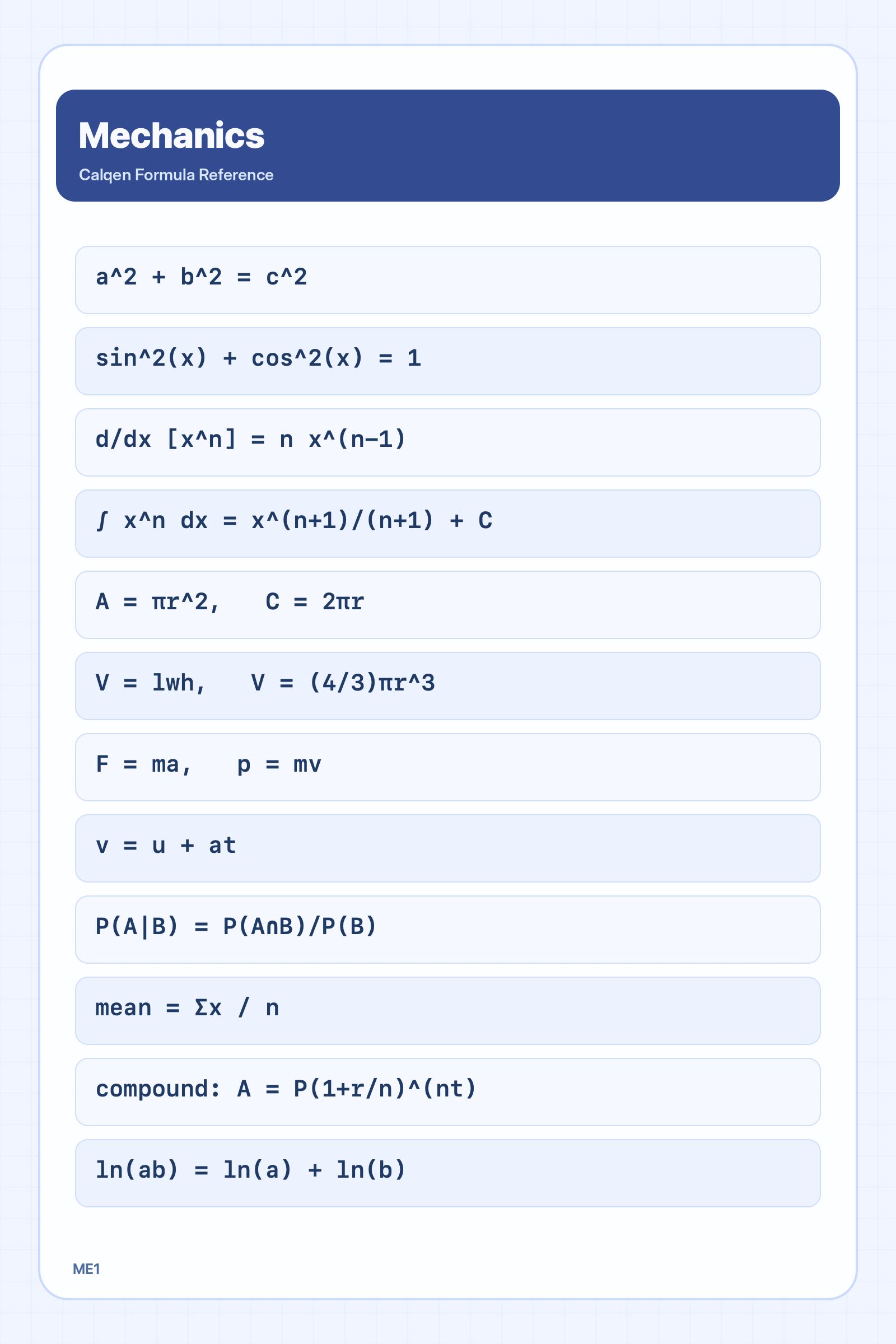 Mechanics formula reference sheet
