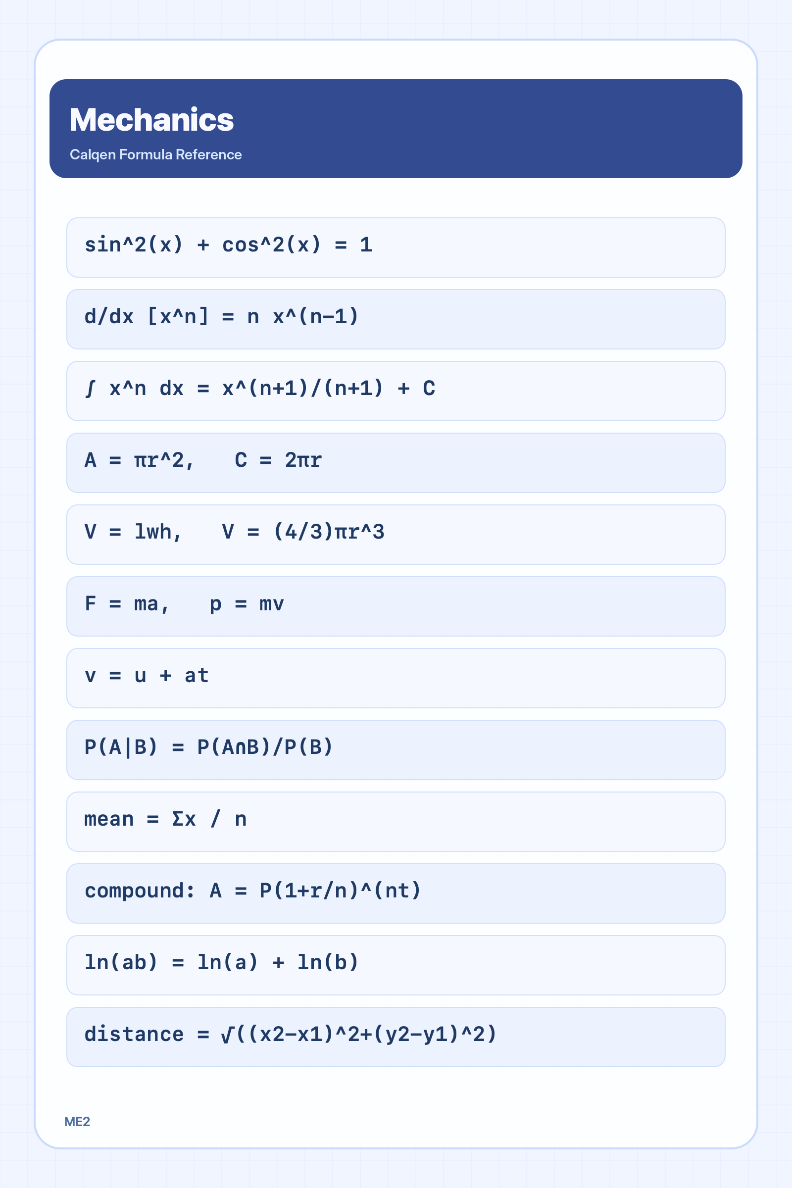 Mechanics formula reference sheet