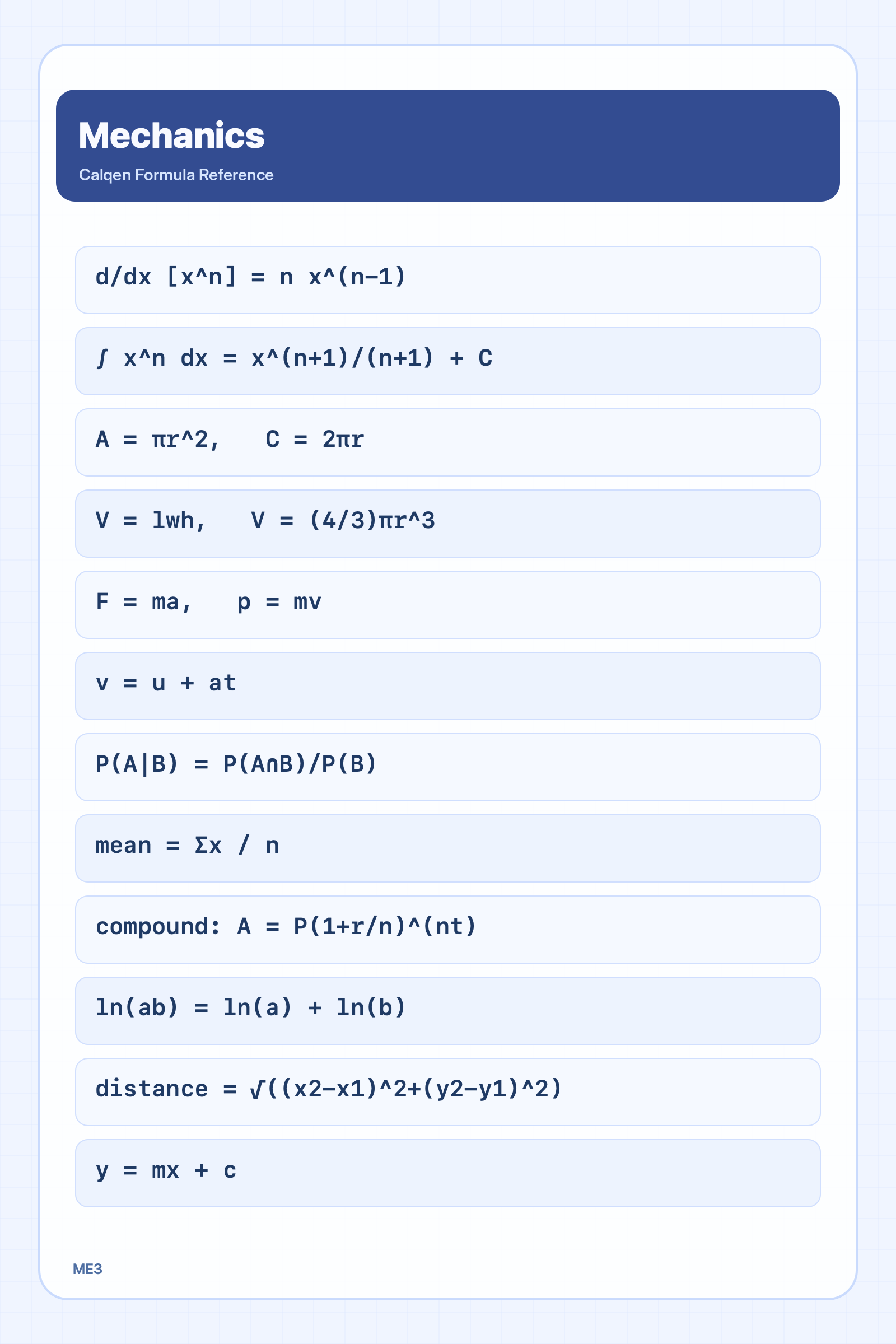 Mechanics formula reference sheet