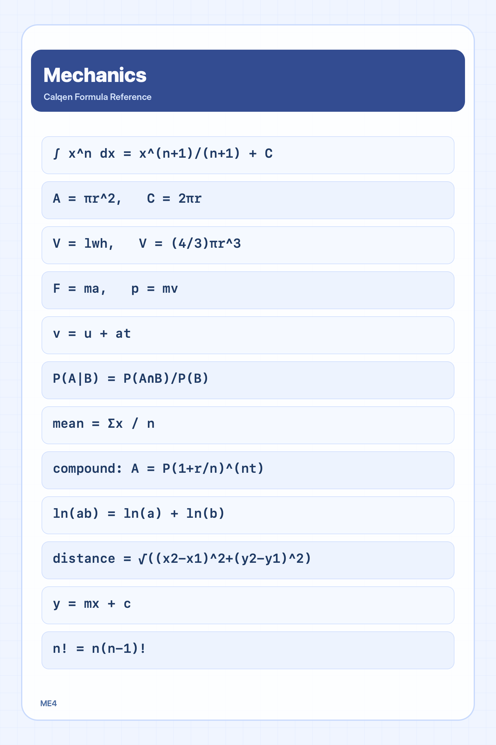 Mechanics formula reference sheet