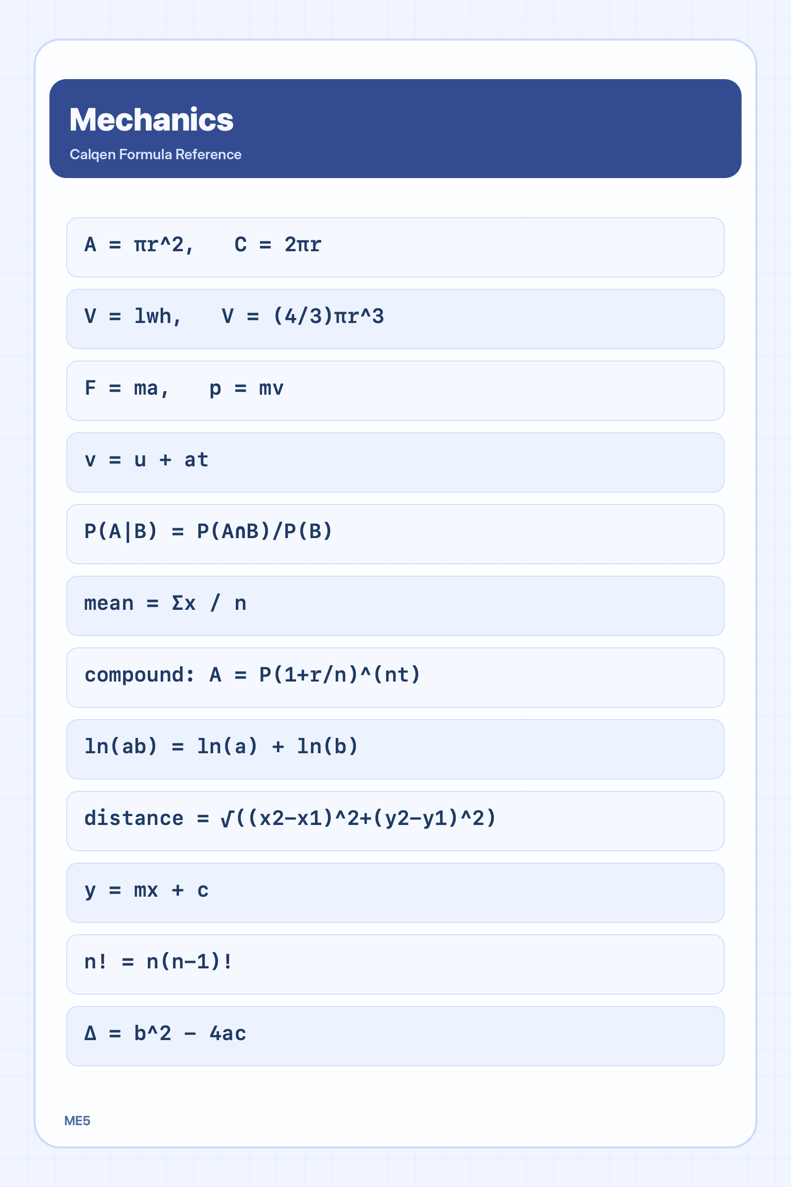 Mechanics formula reference sheet