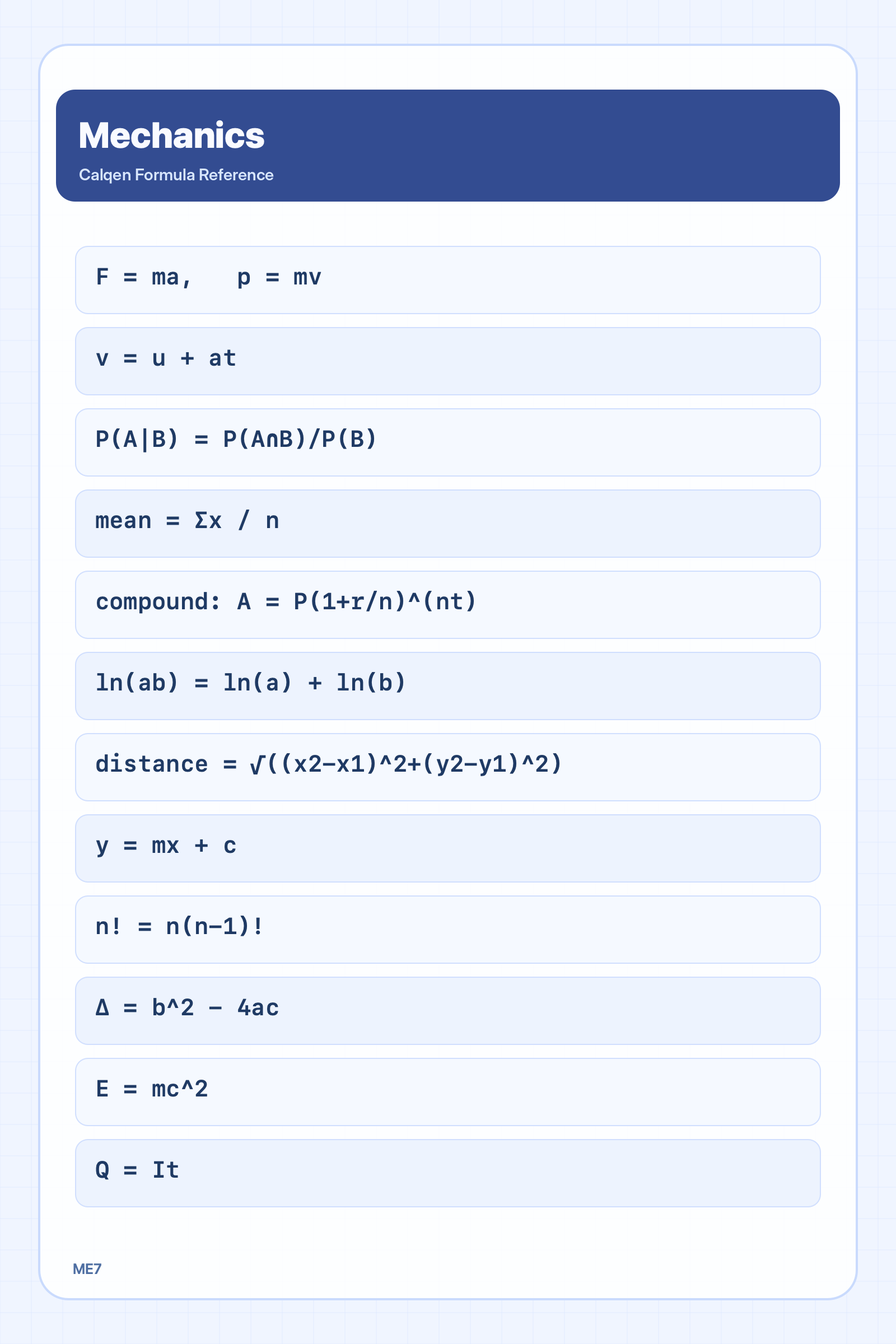 Mechanics formula reference sheet