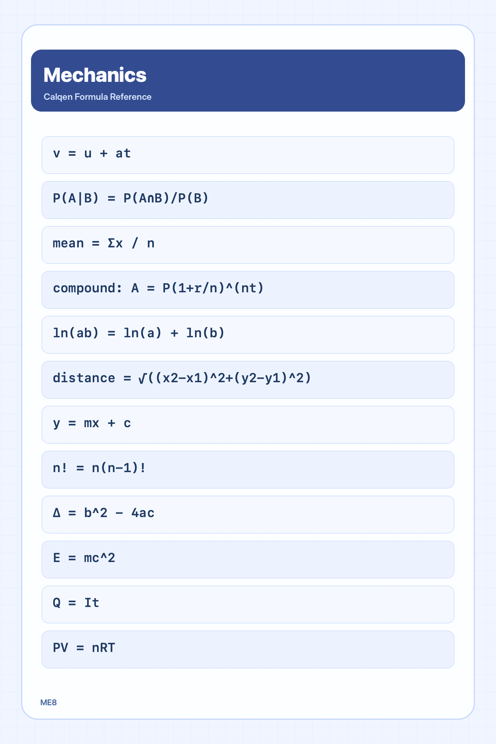 Mechanics formula reference sheet
