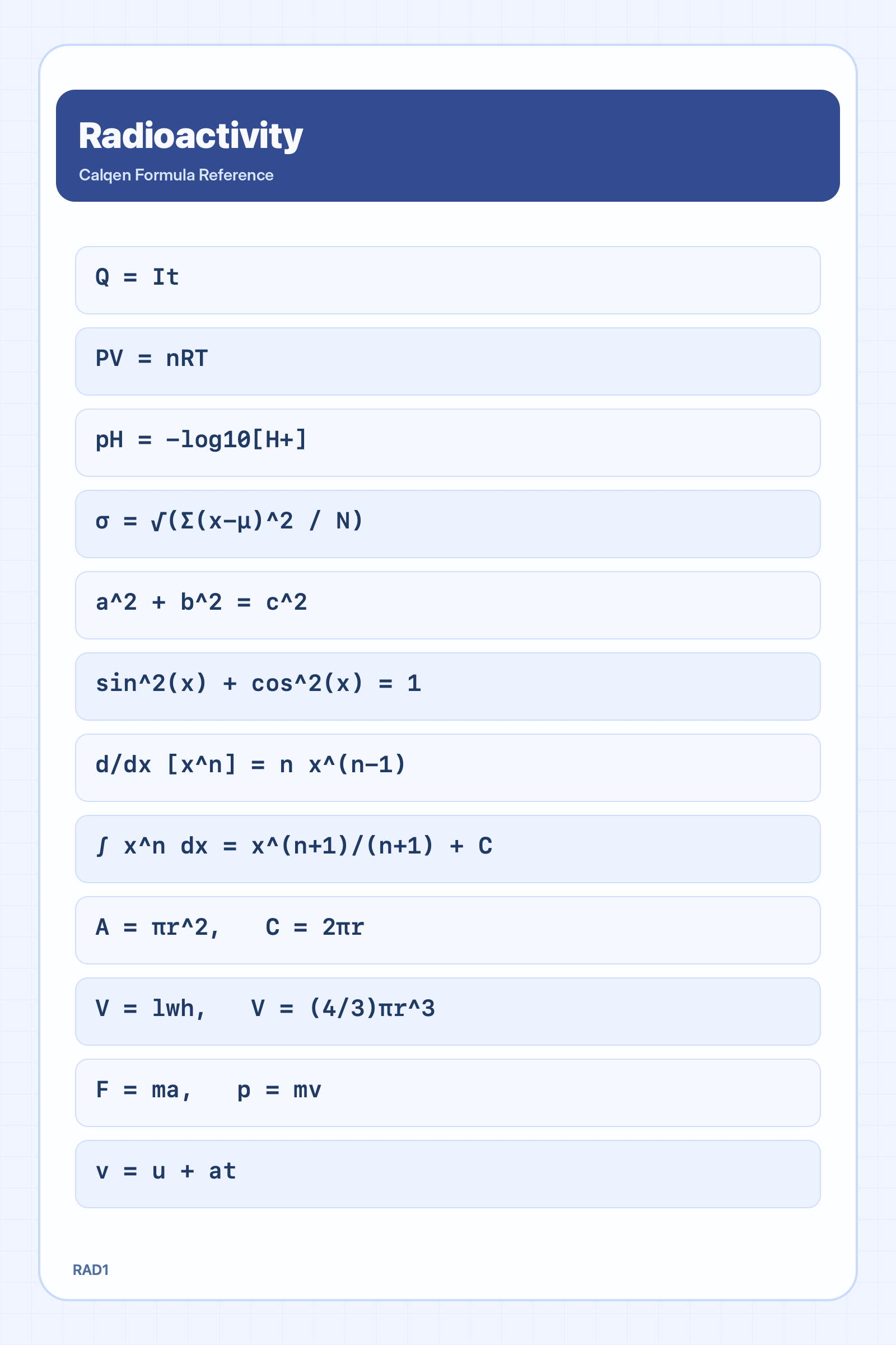 Radioactivity formula reference sheet
