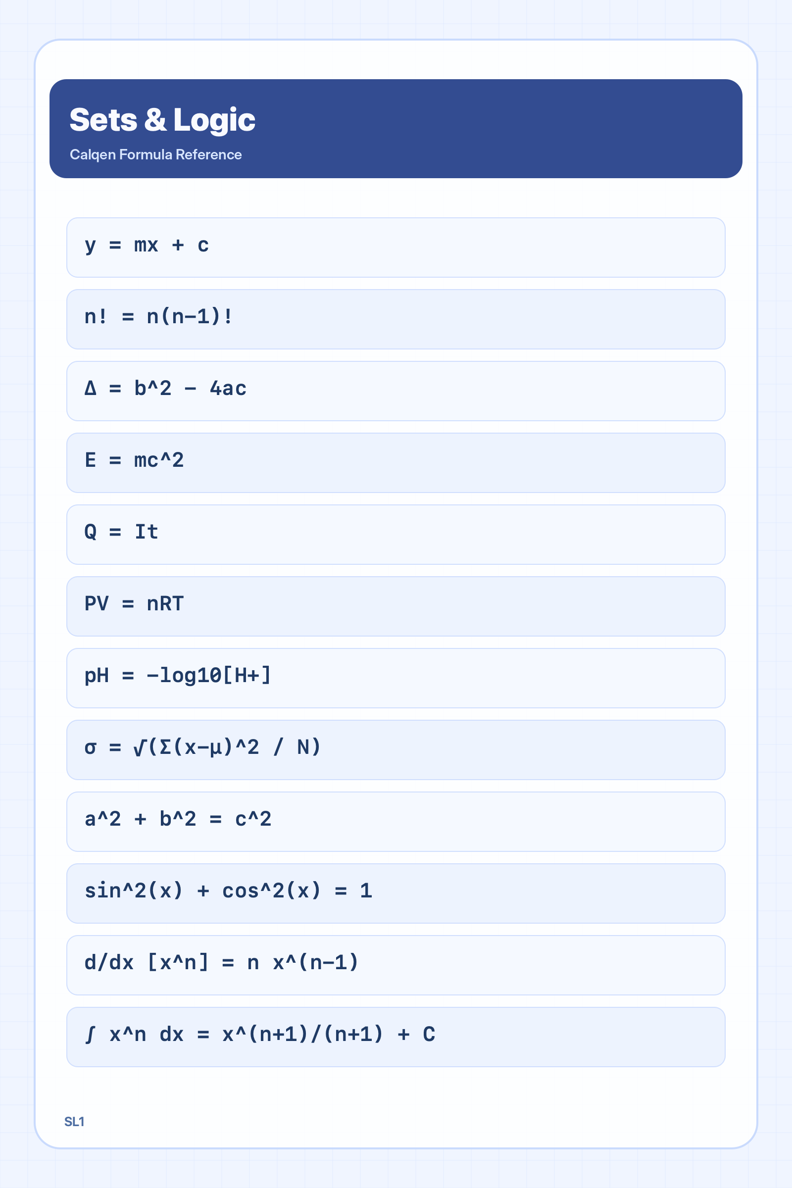 Sets and logic formula reference sheet
