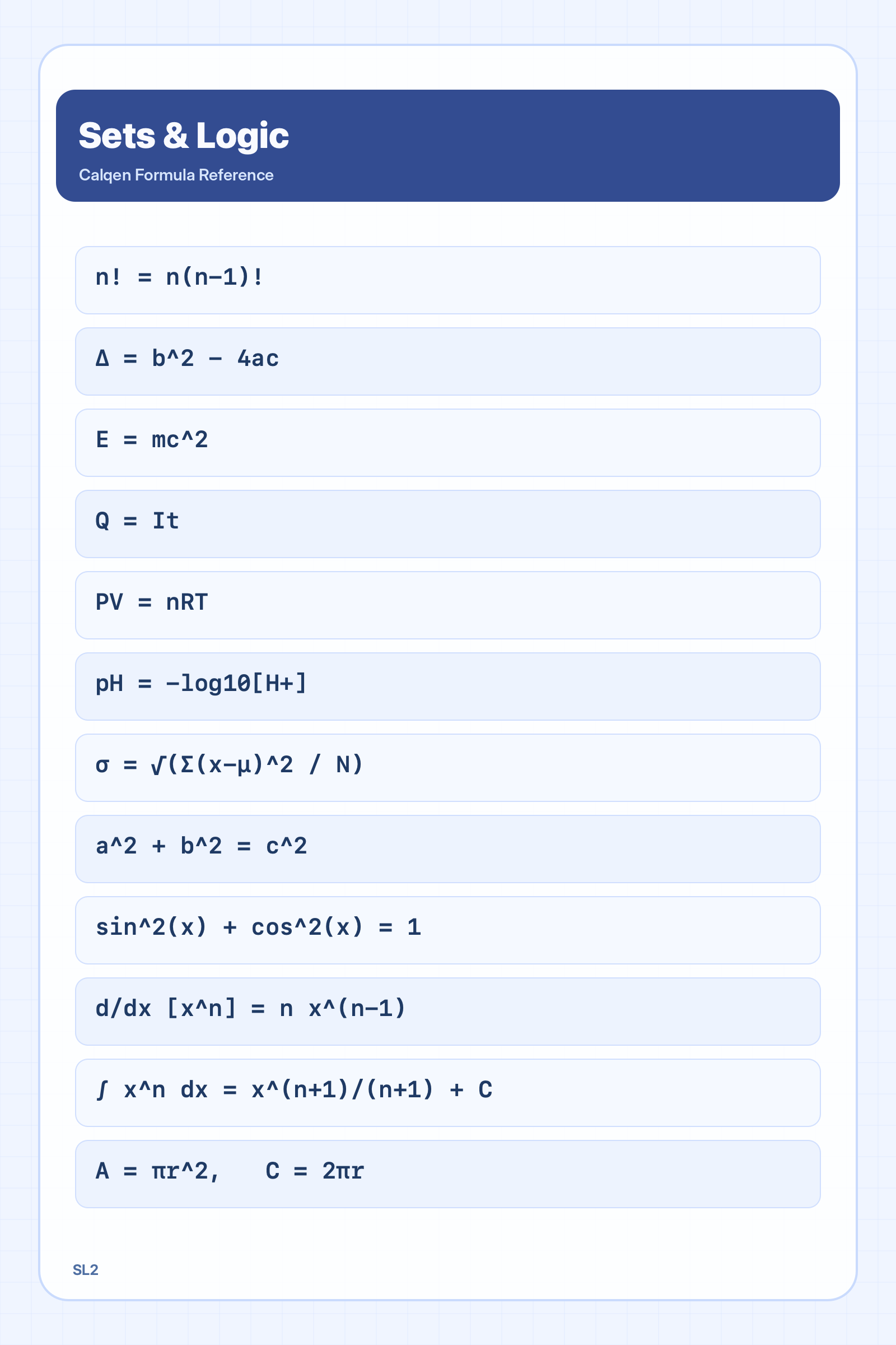 Sets and logic formula reference sheet