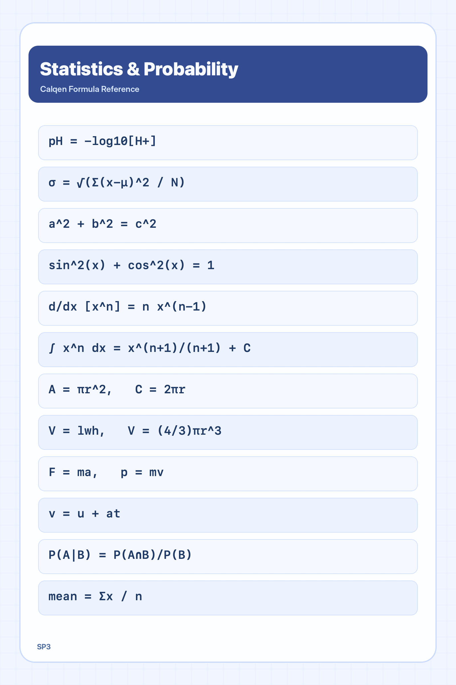 Statistics and probability formula reference sheet