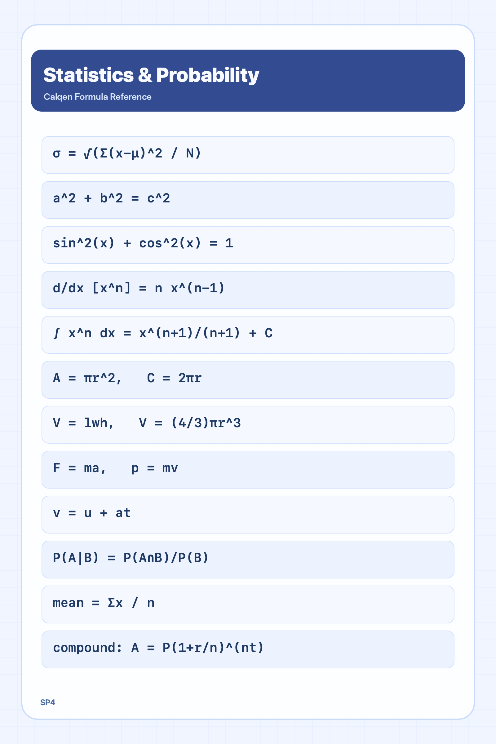 Statistics and probability formula reference sheet