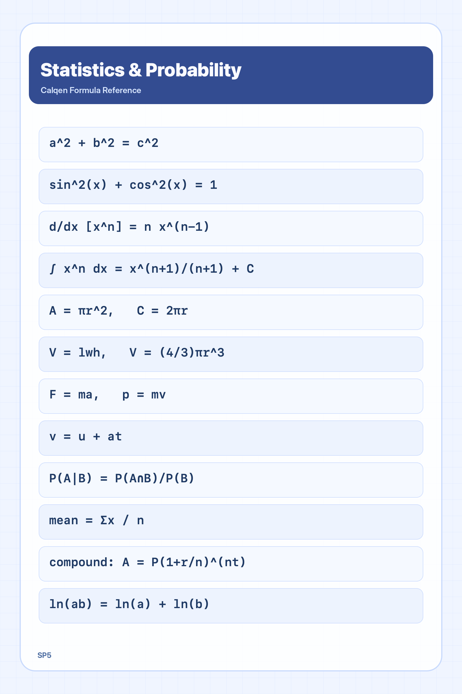 Statistics and probability formula reference sheet