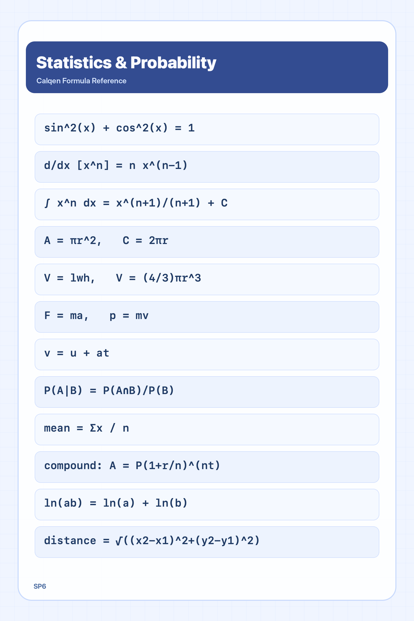 Statistics and probability formula reference sheet