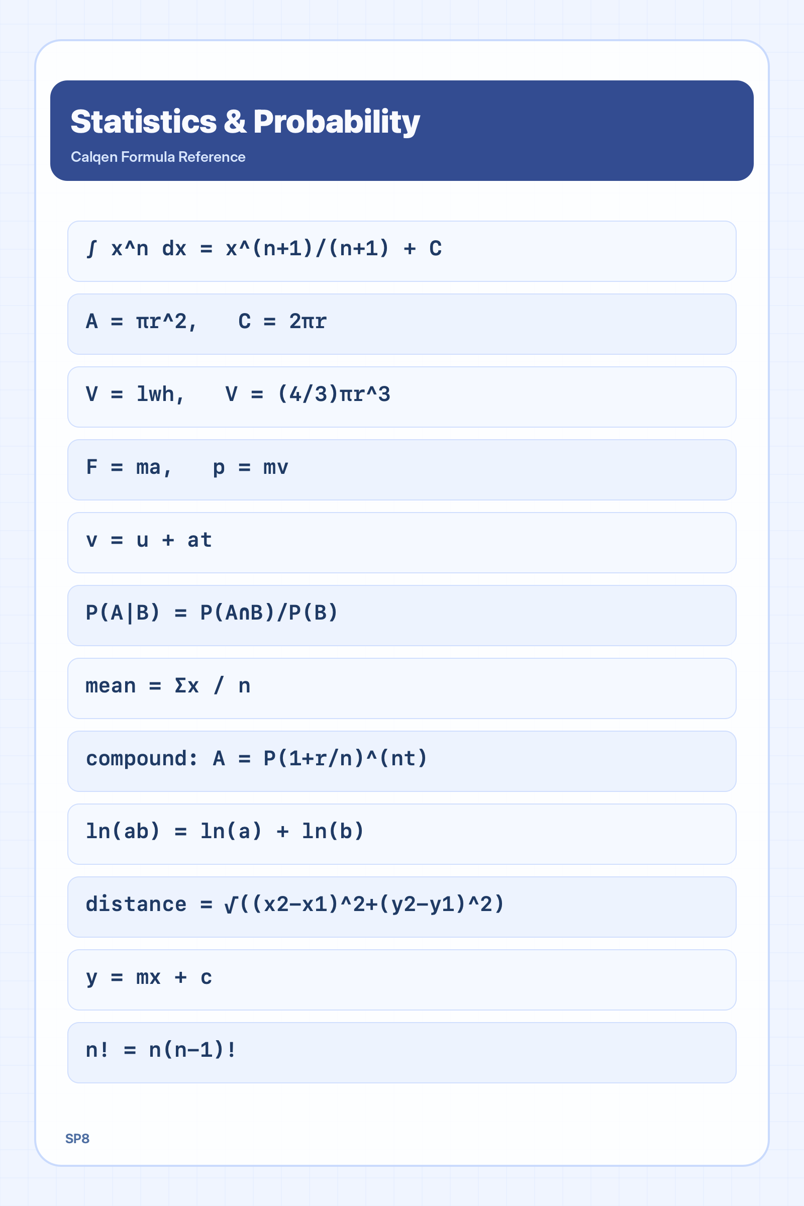 Statistics and probability formula reference sheet