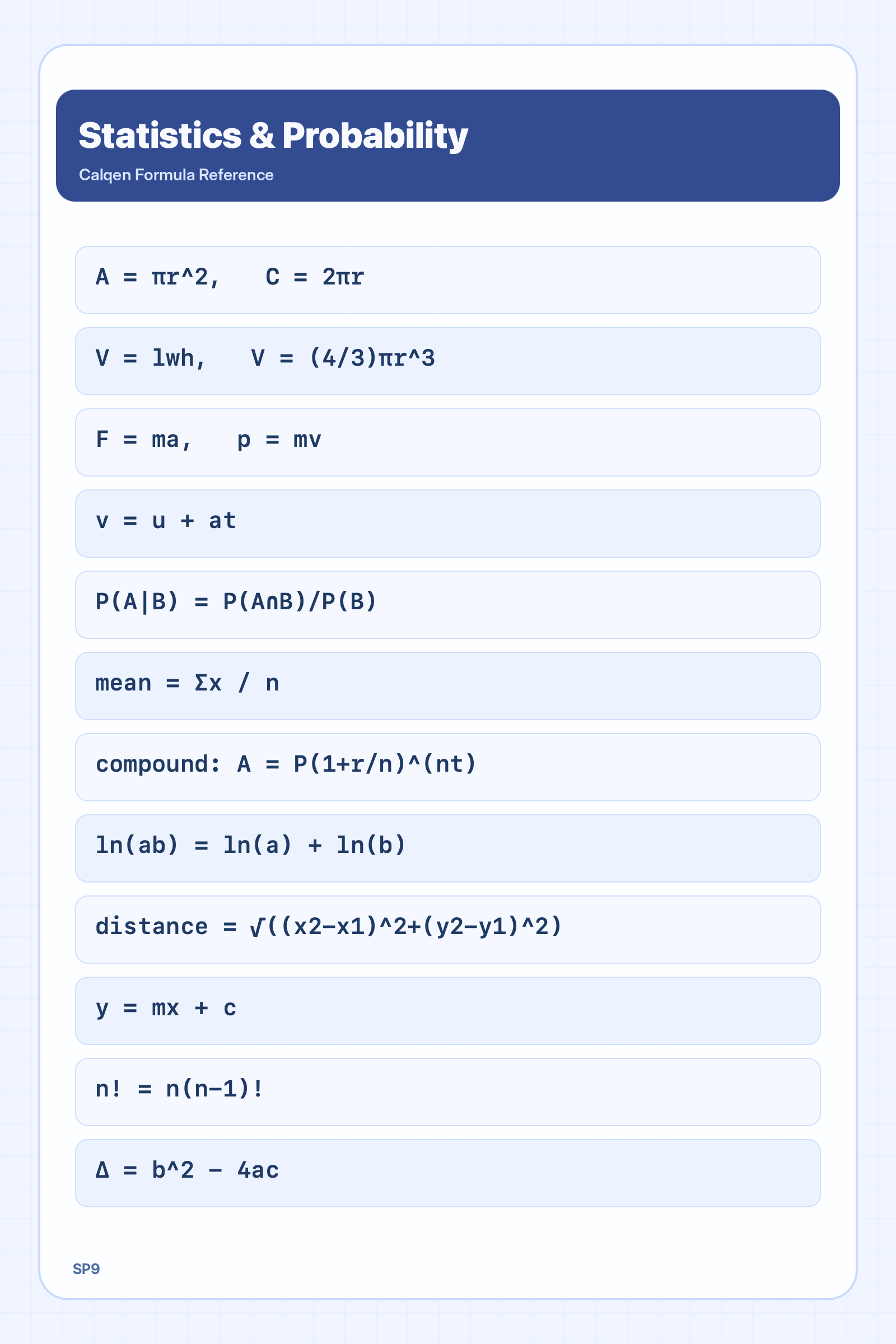 Statistics and probability formula reference sheet