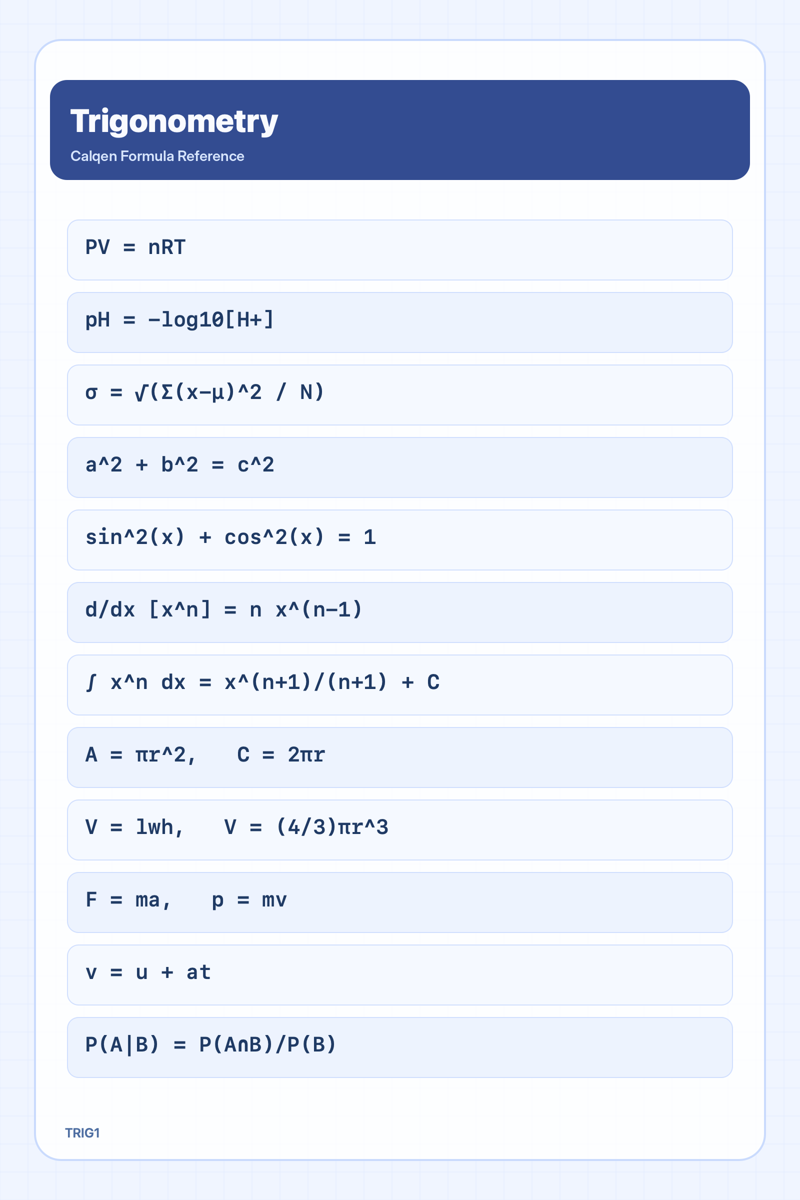 Trigonometry formula reference sheet