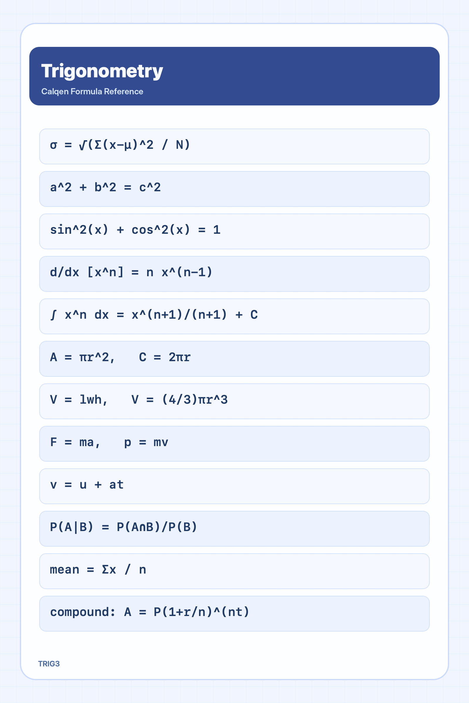 Trigonometry formula reference sheet