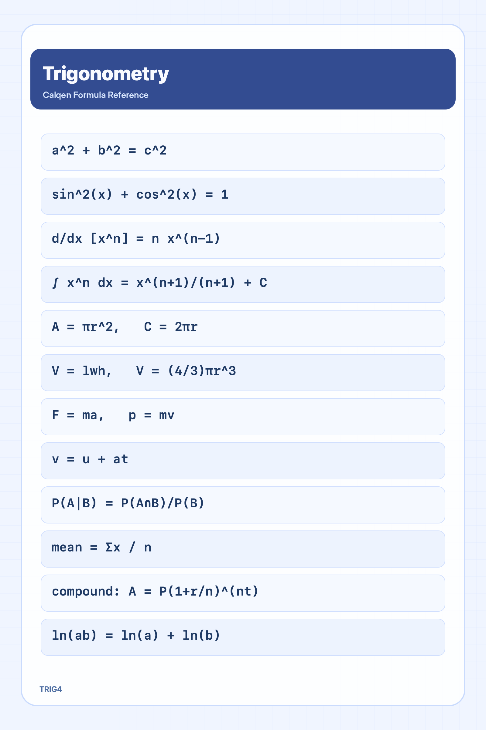 Trigonometry formula reference sheet